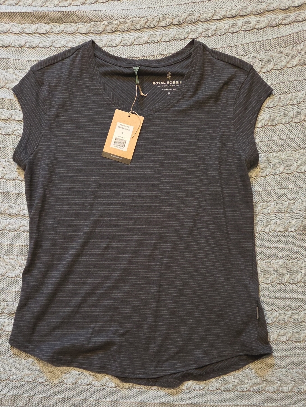 Royal Robbins Women's Vacationer V Neck Shirt Top Asphalt Stripe Hemp NWT S